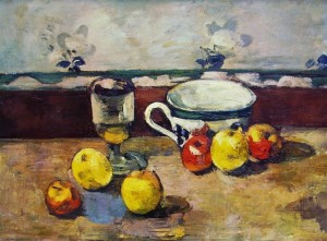 Cezanne: Natura morta con bicchiere, tazza e mele